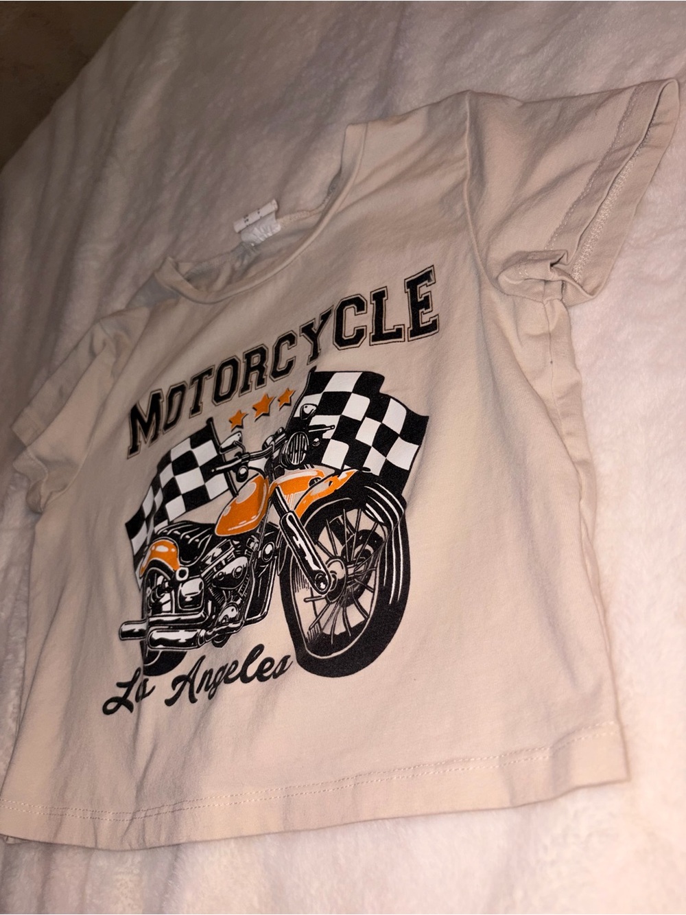 Streetwear Society Cream Motorcycle Graphic Crop Top with Orange Accents